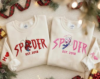 Embroidered Spiderman Couple Sweatshirt with Est Year, Matching Spider Love Crewneck, Romantic Valentine Gift for Couples and Superhero Fans