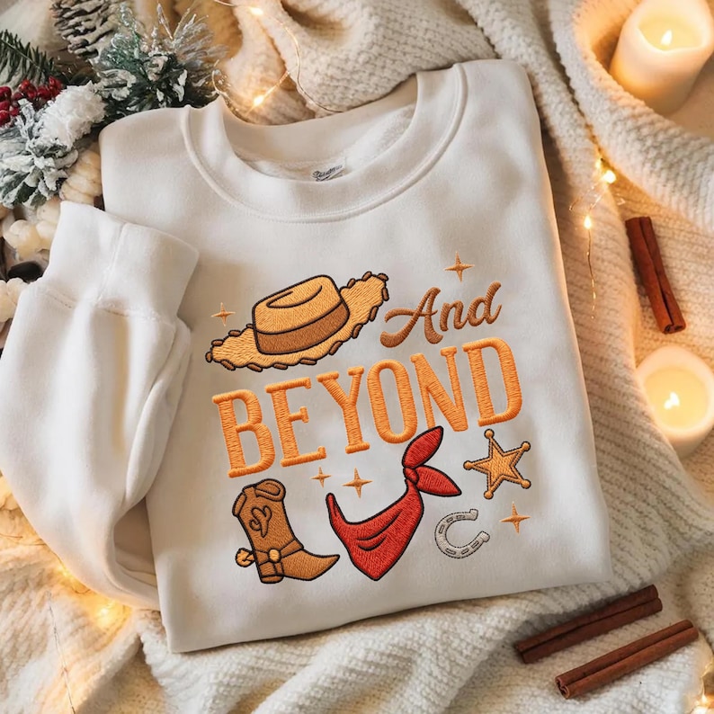 Puede incluir: Sudadera blanca con dise&ntilde;o bordado de tem&aacute;tica vaquera. Presenta un sombrero de vaquero, bota, pa&ntilde;uelo, herradura y estrella de sheriff, con las palabras "And Beyond" en naranja. La sudadera est&aacute; sobre una manta color crema.