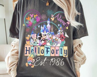 Custom Name 40th Birthday Mickey And Friend Hello Forty Comfort Colors Shirt, Disney Castle Tee, Mickey And Friends  Birthday Shirt