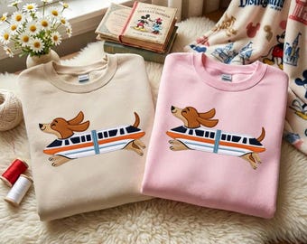 Cute Doxie Monorail Embroidered Sweatshirt, Retro Theme Sausage Dog Shirt, Dachshund Lover Gift