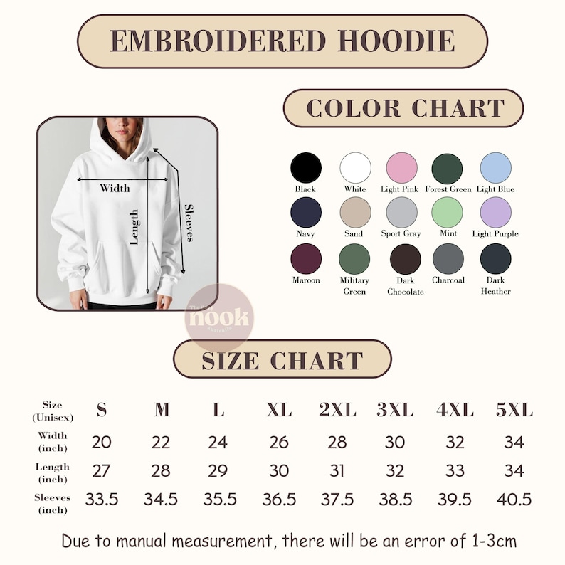 May include: An image showing an embroidered hoodie with a color chart and size chart. The color chart includes black, white, navy, and other colors. The size chart lists sizes from S to 5XL, with measurements in inches for width, length, and sleeves.