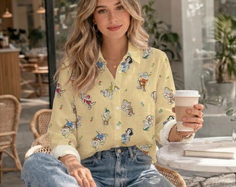 Snow White And Seven Dwarf Grumpy Dopey Women Casual Shirt, Vintage Disney Group Button Up Shirt, Disney Summer Gift