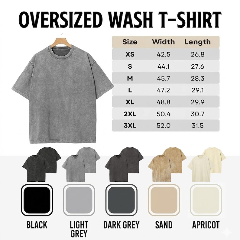 Puede incluir: Una camiseta gris lavado de gran tama&ntilde;o cuelga de una percha de madera. La imagen incluye una tabla de tallas con medidas en cm y opciones de color: negro, gris claro, gris oscuro, arena y albaricoque. El texto "OVERSIZED WASH T-SHIRT" est&aacute; en la parte superior.