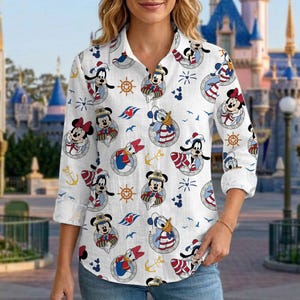 Mickey Minnie Pluto Goofy Donald Daisy Cruise Time Line Destiny Women Casual Shirt, Button Up Shirt, Disney Summer Gift