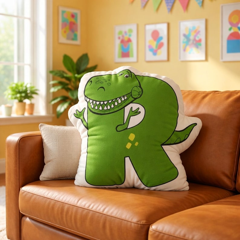 Puede incluir: Un coj&iacute;n verde con forma de dinosaurio con la letra "R" en un sof&aacute; de cuero marr&oacute;n. El coj&iacute;n tiene un borde blanco y una cara de dinosaurio sonriente. El fondo incluye obras de arte enmarcadas y una ventana.