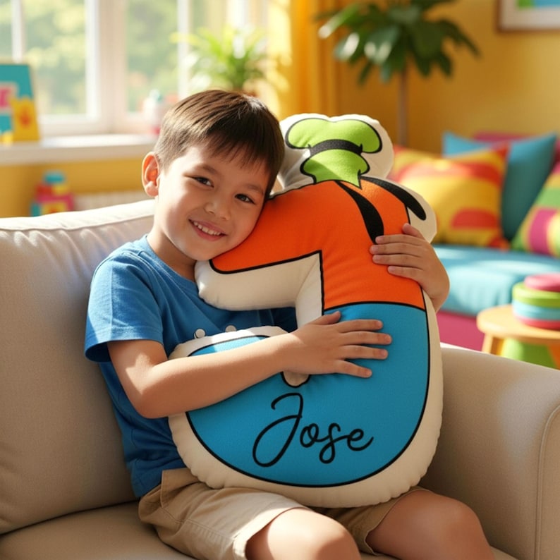 Op de afbeelding: Een kleurrijk pluche kussen in de vorm van een stripfiguur, met oranje, blauwe, groene en zwarte accenten. Het kussen heeft de naam "Jose" in een cursief lettertype. Het kussen wordt door een kind vastgehouden.