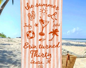 Serviette de plage personnalisée L'été j'ai eu 30 ans, cadeau personnalisé 30e anniversaire pour elle, fête d'anniversaire d'été