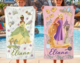 Tiana And Rapunzel Custom Name Beach Towel, Disneyland Princess Towels, Birthday Girl Gifts, Kids Beach Towel, Baby Shower Gift Boy Girl