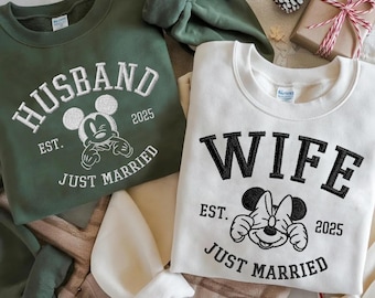 Custom Disney Just Married Embroidered Couple Sweatshirt, Honeymoon Gift