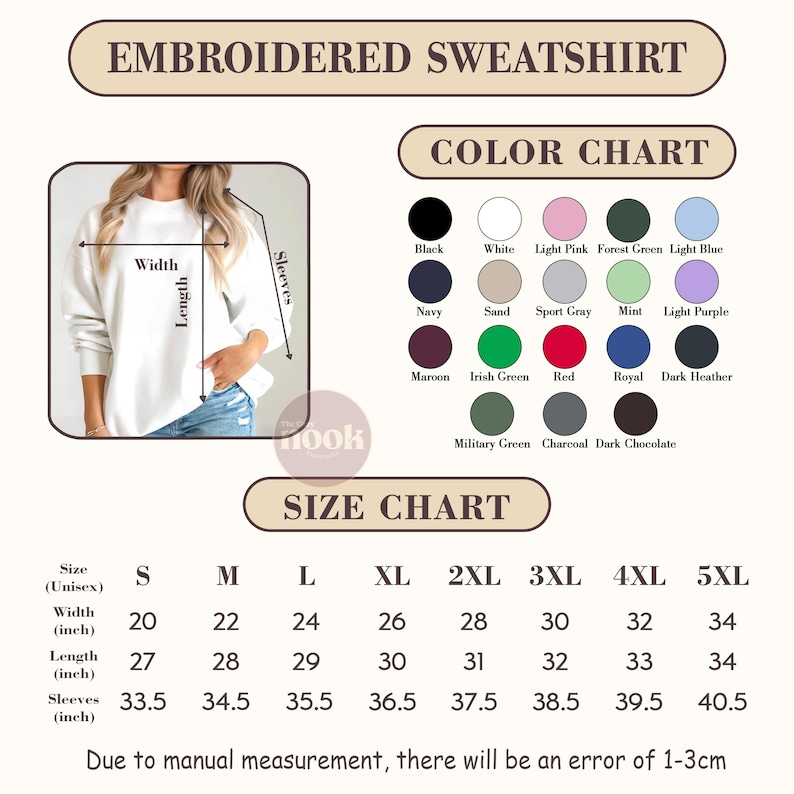May include: An image of an embroidered sweatshirt with a color chart and size chart. The color chart includes colors like black, white, navy, and maroon. The size chart shows measurements in inches for sizes S to 5XL.