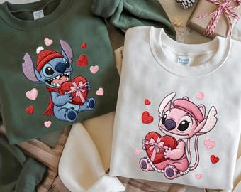 Embroidered Stitch and Angel Valentine Sweatshirt, Disney Couple Matching Crewneck, Lilo and Stitch Valentine Gift, Cute Disney Love Outfit