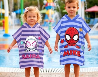 Kids Hooded Beach Towel, Spidey Morales Gwen Stacy Pool Poncho