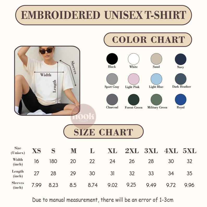 May include: Cream-colored embroidered unisex t-shirt with a color chart and size chart. The color chart shows options like black, white, and navy. The size chart lists sizes from XS to 5XL, with width measurements in inches ranging from 16 to 32 inches.
