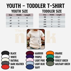 May include: A graphic showing youth and toddler t-shirt size charts with measurements in inches. The chart includes sizes, widths, and lengths. Color swatches are displayed below the chart, including black, white, red, and orange.