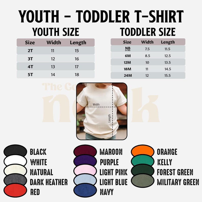 May include: A graphic showing youth and toddler t-shirt size charts with measurements in inches. The chart includes sizes, widths, and lengths. Color swatches are displayed below the chart, including black, white, red, and orange.