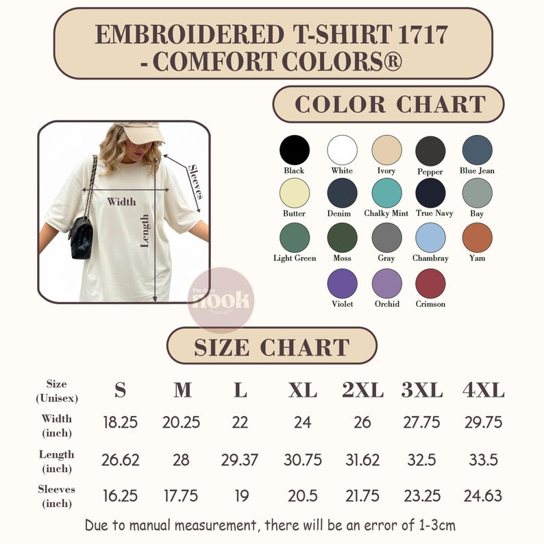 May include: Cream-colored embroidered T-shirt 1717 from Comfort Colors. The image includes a color chart with options like black, white, and denim, and a size chart with measurements in inches for sizes S to 4XL. The shirt's width ranges from 18.25 to 29.75 inches.