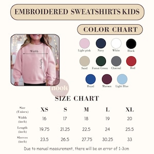 May include: A light pink embroidered sweatshirt for kids, with a color chart showing options like navy, white, and black. The size chart indicates measurements in inches for XS to XL sizes. The text "EMBROIDERED SWEATSHIRTS KIDS" is at the top.