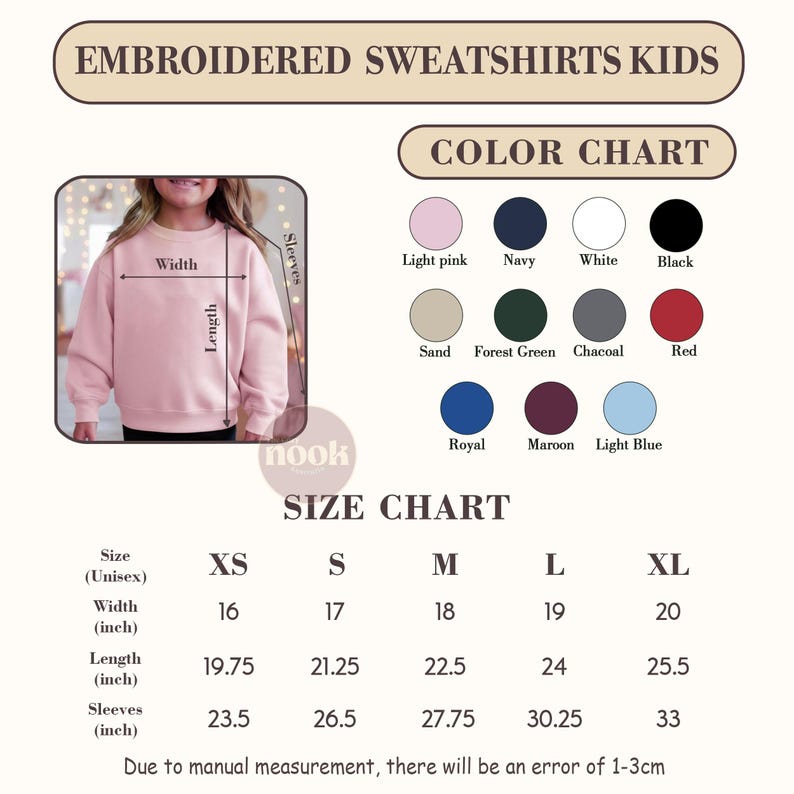 May include: A light pink embroidered sweatshirt for kids, with a color chart showing options like navy, white, and black. The size chart indicates measurements in inches for XS to XL sizes. The text "EMBROIDERED SWEATSHIRTS KIDS" is at the top.