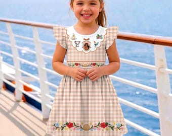 Moana Gingham Natural Floral Coquette Bow Ruffle Dress, Disney Princess Mirror Coquette Bow Dress, Disneyland Vacation Trip 2026
