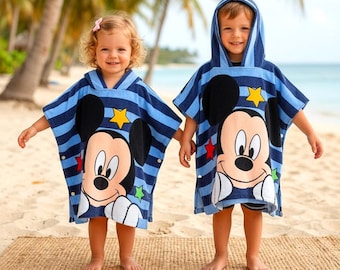 Mickey Mouse Hooded Beach Towel, Kids Poncho Towel, Blue Stripe Swim Cover-up