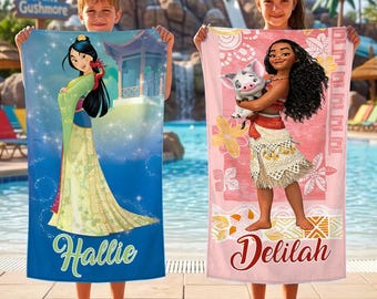 Serviette de plage princesse Disney Mulan et Moana, serviettes de bain princesse Disneyland, cadeaux d'anniversaire pour fille, serviette de plage pour enfant, cadeau baby shower garçon fille