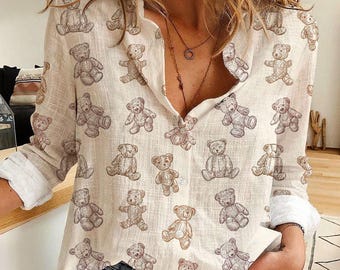 Vintage Sketch Teddy Bear Blouse, Women's Casual Linen Bear Shirt, Summer Casual Top