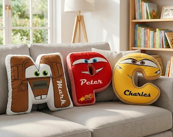 Personalized Disney Car Tow Mater Cruz Ramirez Letter M P C Alphabet Plush Pillow, Custom Name Pillow, Lightning McQueen Boys Room Decor