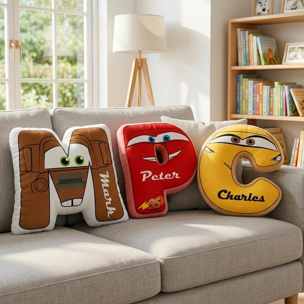 Personalized Car Tow Mater Cruz Ramirez Letter M P C Alphabet Plush Pillow, Custom Name Pillow, Lightning McQueen Boys Room Decor