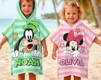 Personalized Minnie Mouse And Goofy Hooded Beach Towel, Mickey And Friends Beach Towel, Kids towel, Summer Gift, Beach Trip