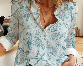 Vintage Nautical Ocean Blouse, Women's Casual Linen Sea Turtle Shirt, Summer Casual Top