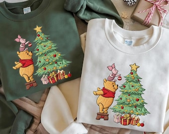 Embroidered Winnie The Pooh Christmas Sweatshirt, Pooh and Piglet Xmas Tree
