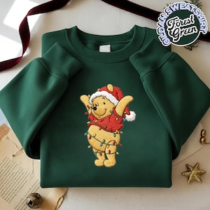 Embroidered Winnie The Pooh Christmas Sweatshirt, Disney Embroidered Pooh Bear Holiday Sweater, Cozy Xmas Lights Crewneck, Cute Winter Gift