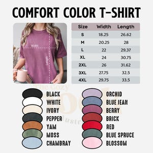 May include: A Comfort Color T-shirt in a mauve colour is shown, with a size chart and colour options. The chart lists sizes S to 4XL, with width and length measurements in inches. Colour options include black, white, ivory, pepper, yam, moss, and chambray.