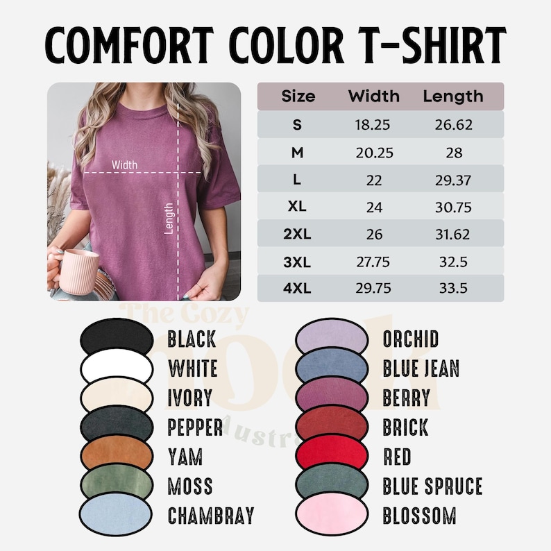 May include: A Comfort Color T-shirt in a mauve colour is shown, with a size chart and colour options. The chart lists sizes S to 4XL, with width and length measurements in inches. Colour options include black, white, ivory, pepper, yam, moss, and chambray.