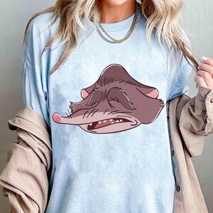 Peut inclure: T-shirt bleu clair avec un dessin anim&eacute; de rat grincheux. Le rat a les yeux ferm&eacute;s, un long nez et des dents visibles. Il est principalement marron avec des d&eacute;tails roses. Le t-shirt est en mati&egrave;re douce et convient &agrave; un usage quotidien.