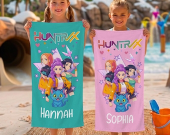 Custom Name Huntrx Hooded Beach Towel, Anime Pool Towel, Kpop Fan Gift