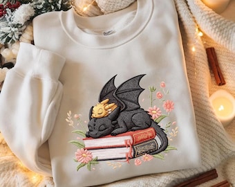 Embroidered Dragon Book Sweatshirt, Cozy Fantasy Reader Crewneck