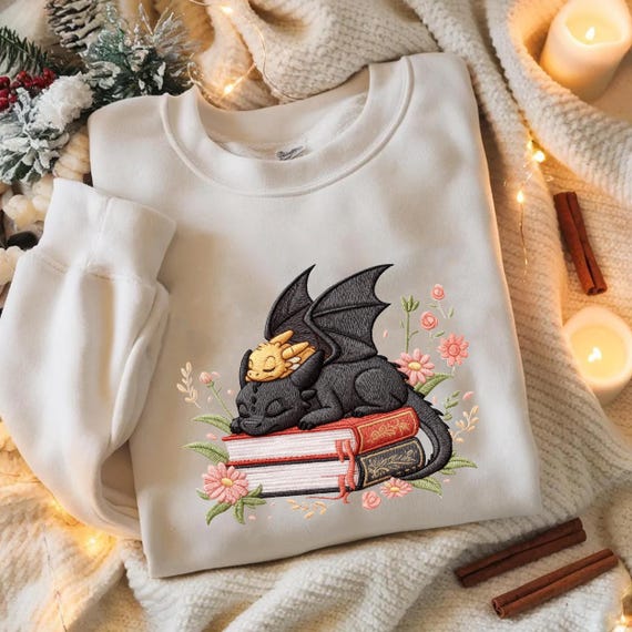 Embroidered Dragon Book Sweatshirt, Cozy Fantasy Reader Crewneck