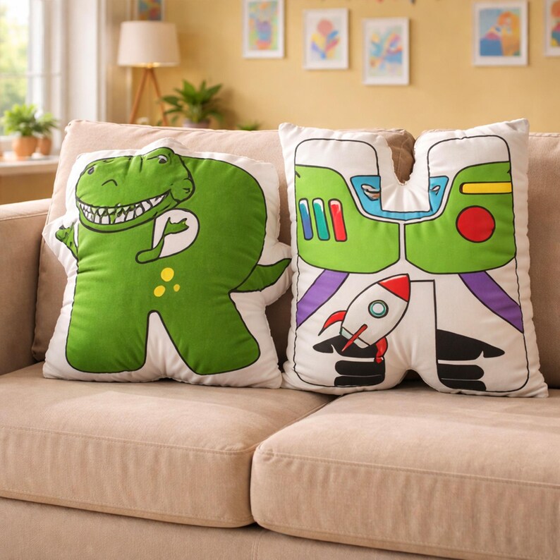 Puede incluir: Dos cojines decorativos sobre un sof&aacute; beige. Un coj&iacute;n tiene forma de letra "R" y presenta un dinosaurio verde. El otro coj&iacute;n tiene forma de letra "H" y tiene un cohete y detalles en verde y rojo.