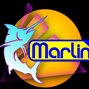 Puede incluir: Gráfico de estilo retro con un pez marlín azul claro saltando sobre un fondo amarillo y naranja con acentos rosas y morados. La palabra "Marlin" se muestra en texto azul dentro de un rectángulo amarillo y azul.