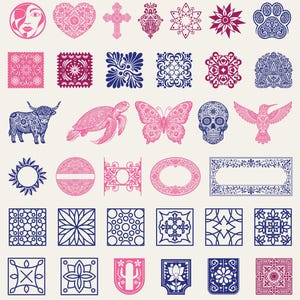 May include: A collection of 30 digital graphic designs by ANSHA CREATION STUDIO, featuring intricate patterns, animals, floral motifs, and geometric shapes in shades of pink and blue, presented as SVG, PNG, AI, and EPS file formats.