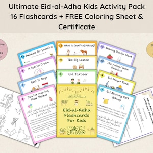 Tarjetas de Eid al-Adha para imprimir para niños, página para colorear y certificado GRATIS, educación islámica, tarjetas Dua en PDF, tarjetas de estudio, juego de actividades de Eid