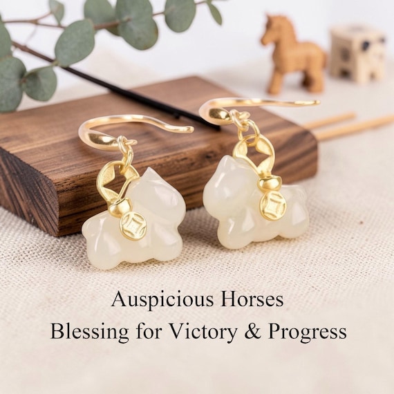 Hand-Carved Jade Horse Earrings, Gold Plated 925 Silver Dangle Drop, Zodiac Animal Amulet, Success Blessing Gift, Asian Artisan Jewelry