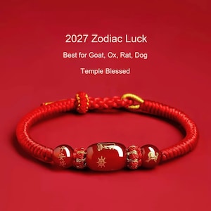 2027 Zodiac Red String Bracelet, Temple Blessed Protection Jewelry, For Goat Rat Ox Dog, Feng Shui Agate Amulet, Tai Sui Gift