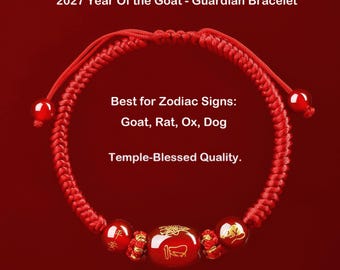 2027 Year of the Goat Protection Bracelet, Red String Agate Amulet, Feng Shui Good Luck Gift for Zodiac Goat, Rat, Ox, Dog