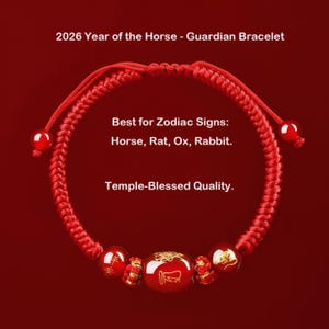May include: A red guardian bracelet with a central bead featuring a horse symbol, flanked by smaller beads. The bracelet is made of braided red cord and includes the text "2026 Year of the Horse - Guardian Bracelet".