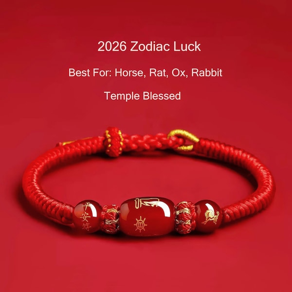 Braccialetto con corda rossa dello zodiaco 2026, gioiello di protezione benedetto dal tempio, per cavallo, topo, bue, coniglio, amuleto di agata Feng Shui, regalo Tai Sui