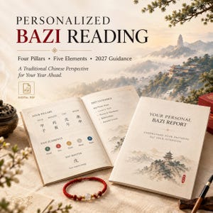 May include: A personalized Bazi reading report featuring a digital PDF icon, a book open to a Four Pillars and Five Elements chart, and a closed report titled Your Personal Bazi Report. A red braided bracelet with beads sits in the foreground.