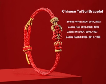 2026 Zodiac Red String Bracelet, Handmade Lucky Knot, Chinese Taisui Protection, Year of the Horse, Rabbit, Ox, Rat.