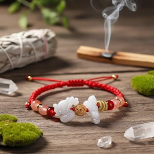 Op de afbeelding: Een rood gevlochten armband met witte jade visbedels, roze en rode kralen en gouden accenten. De armband ligt op een houten oppervlak met brandende wierook en andere spirituele items.